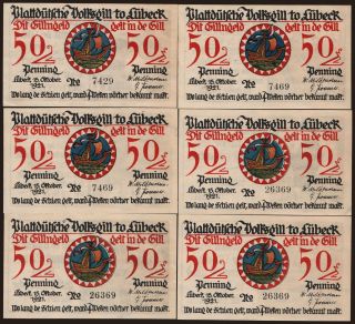 Lübeck/ Plattdeutsche Volksgilde, 6x 50 Pfennig, 1921