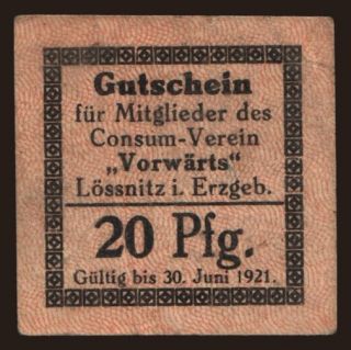 Lössnitz/ Consum-Verein Vorwärts, 20 Pfennig, 1921
