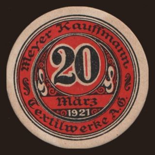 Tannhausen-Wüstegiersdorf/ Meyer Kauffmann Textilwerke A.G., 20 Pfennig, 1921
