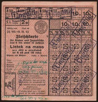 Fleischkarte für Kinder und Jugendliche von 6 bis unter 18 Jahren - Lístek na maso pro děti a mladistvé od 6 až pod 18 roku, 1943
