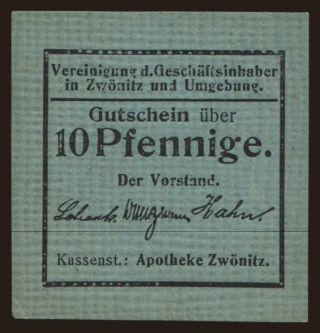 Zwönitz/ Vereinigung der Geschäftsinhaber, 10 Pfennig, 191?