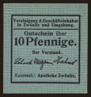 Zwönitz/ Apotheke Zwönitz, 10 Pfennig, 1918