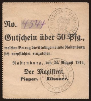 Rastenburg/ Stadt, 50 Pfennig, 1914