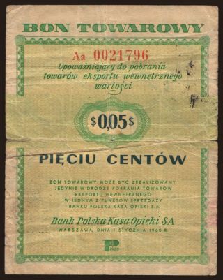 Pekao/ bon towarowy, 5 centow, 1960