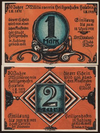 Heiligenhafen/ Militarverein, 1 - 2 Mark, 1922