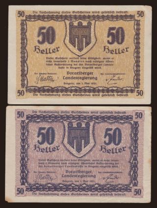 Vorarlberg, 50 heller, 1.5.1921, (2x)
