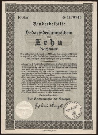 Bedarfsdeckungsschein, 10 Reichsmark, 1937