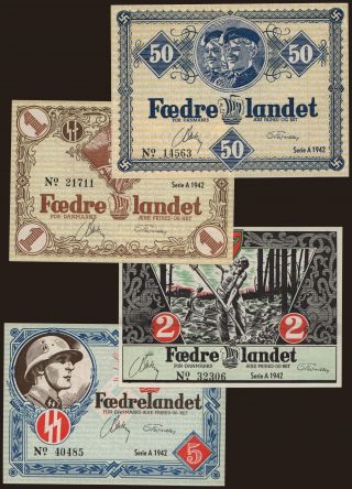 Fædrelandet, 50 øre, 1, 2, 5 Kroner, 1942
