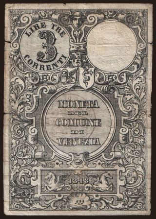 Moneta del Comune di Venezia, 3 lire, 1848