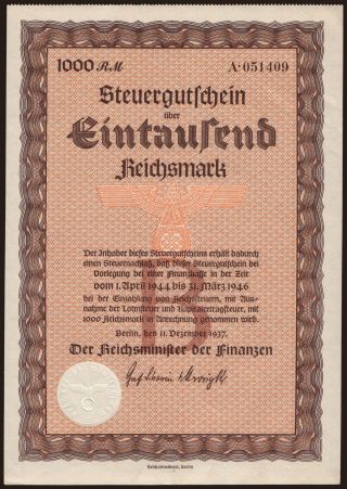 Steuergutschein, 1000 Reichsmark, 1937