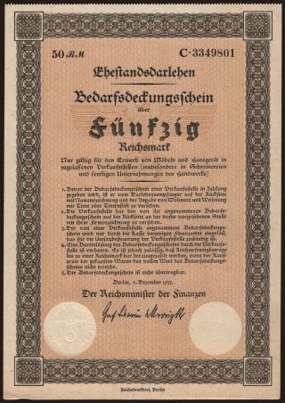 Bedarfsdeckungsschein, 50 Reichsmark, 1933