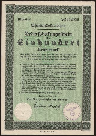 Bedarfsdeckungsschein, 100 Reichsmark, 1933