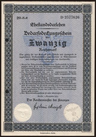 Bedarfsdeckungsschein, 20 Reichsmark, 1933