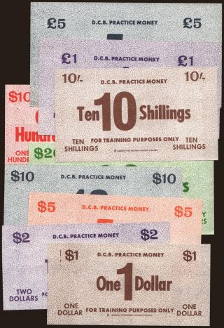 D.C.B. Prractice Money, 10 shillings - 5 pounds, 1 - 100 dollars
