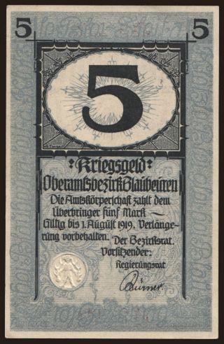 Blaubaren/ Amtskörperschaft, 5 Mark, 1919