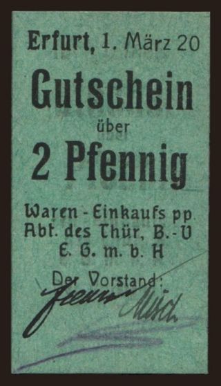 Erfurt/ Konsumgenossenschaft d. Eisenbahn-Vereins, 2 Pfennig, 1917