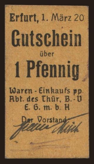 Erfurt/ Konsumgenossenschaft d. Eisenbahn-Vereins, 1 Pfennig, 1917