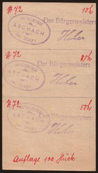 Aschach, 10, 20, 50 Heller, 1920