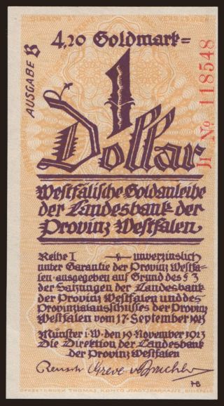 Westfalen/ Landesbank der Provinz Westfalen in Münster, 1 Dollar, 1923