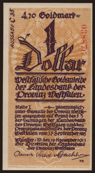 Westfalen/ Landesbank der Provinz Westfalen in münster, 1 Dollar, 1923