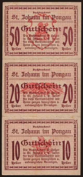 St. Johann im Pongau/ Buchdruckerei, 10, 20, 50 Heller, 1920