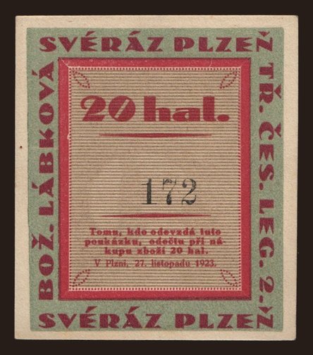 Plzeň/ Bož. Lábková, 20 hal., 1923