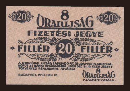 Budapest/ 8 órai újság, 20 fillér, 1919
