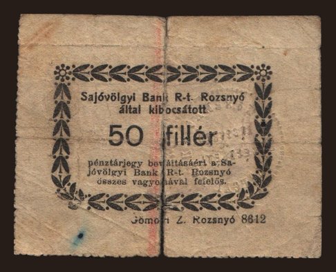 Rozsnyó/ Rožňava Sajóvölgyi Bank R-T., 50 fillér, 1919