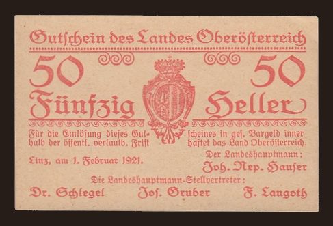 Oberösterreich, 50 heller, 1.2.1921