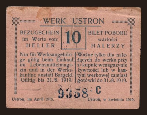 Ustron, 10 halerzy, 1919