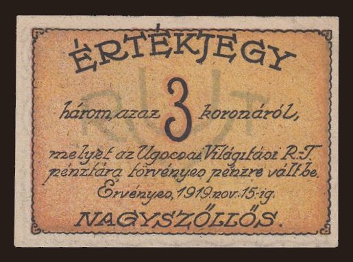Nagyszőllős / Velká Sevljuš, 3 korona, 1919
