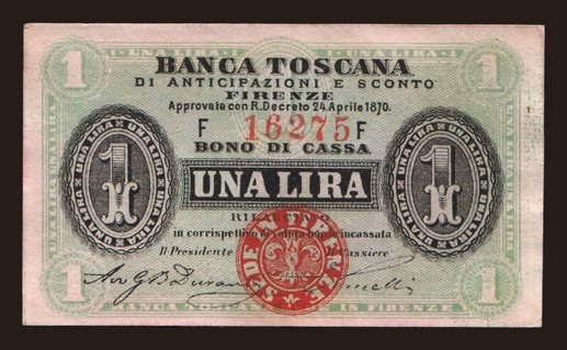 Banca Toscana, 1 lira, 1870