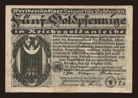 Breslau/ Provinzialverband von Nieder- u. Oberschlesien. 5 Goldpfennig, 1923