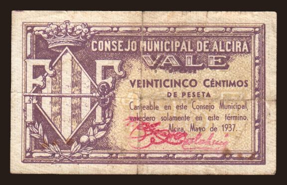 Alcira, 25 centimos, 1937