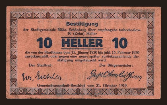 Mährische Schönberg, 10 Heller, 1919