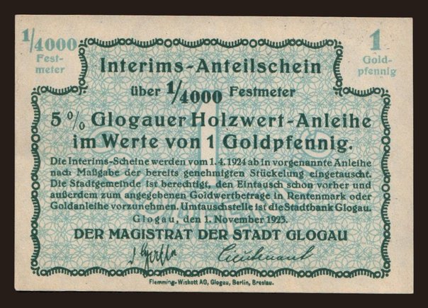 Glogau/ Głogów, 1 Goldpfennig, 1923