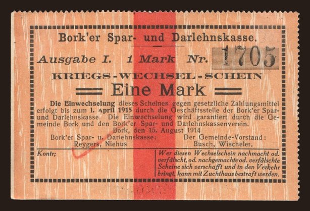 Bork/ Borker Spar- und Darlehnskasse, 1 Mark, 1914