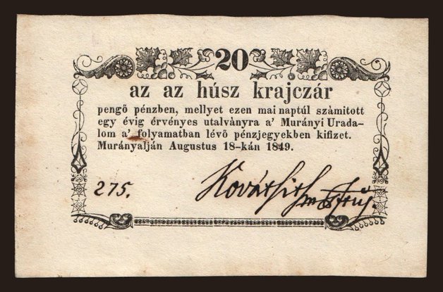 Murányalja/ Muráň, 20 krajczár, 1849
