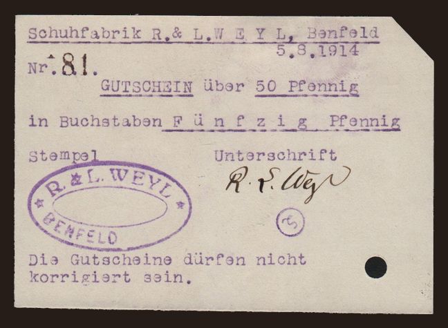 Benfeld/ Schuhfabrik R. & L. Weyl, 50 Pfennig, 1914