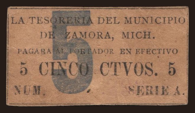 La Tesoreria del Municipio de Zamora, 5 centavos, 1915