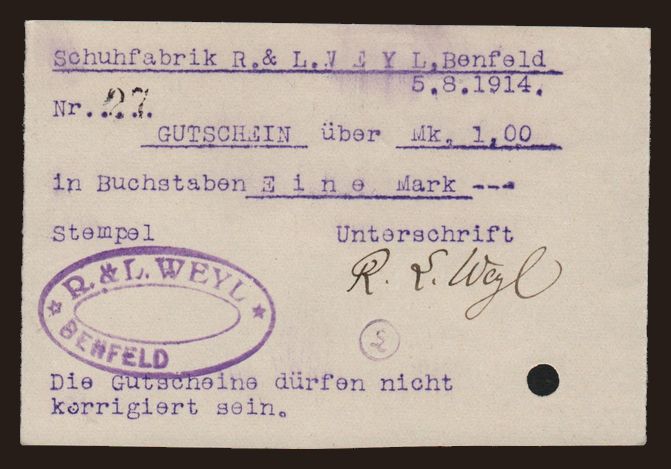 Benfeld/ Schuhfabrik R. & L. Weyl, 1 Mark, 1914