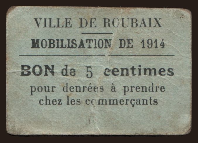 Roubaix, 5 centimes, 1914