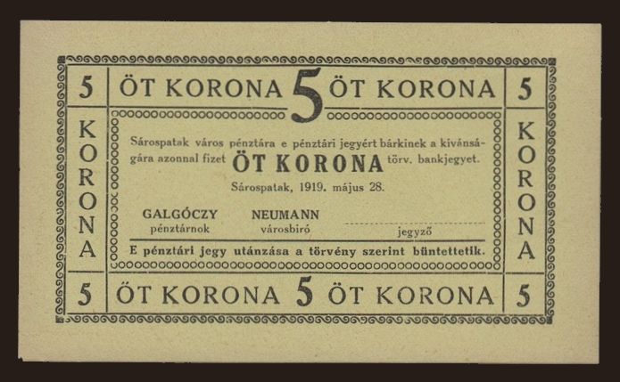 Sárospatak, 5 korona, 1919
