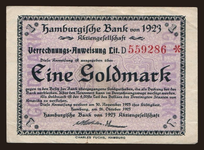 Hamburg/ Hamburgische Bank von 1923, 1 Goldmark, 1923