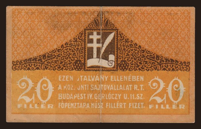 Budapest/ Központi Sajtóvállalat, 20 fillér, 1919