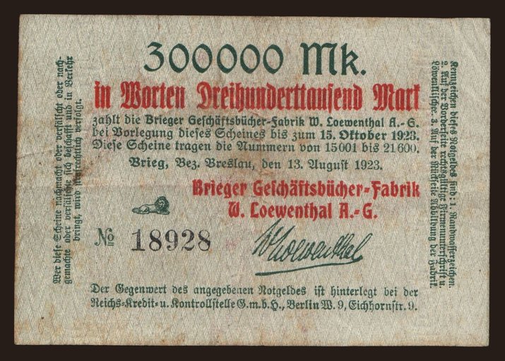 Brieg/ Brieger Geschäftsbücher-Fabrik W. Löwenthal AG, 300.000 Mark, 1923