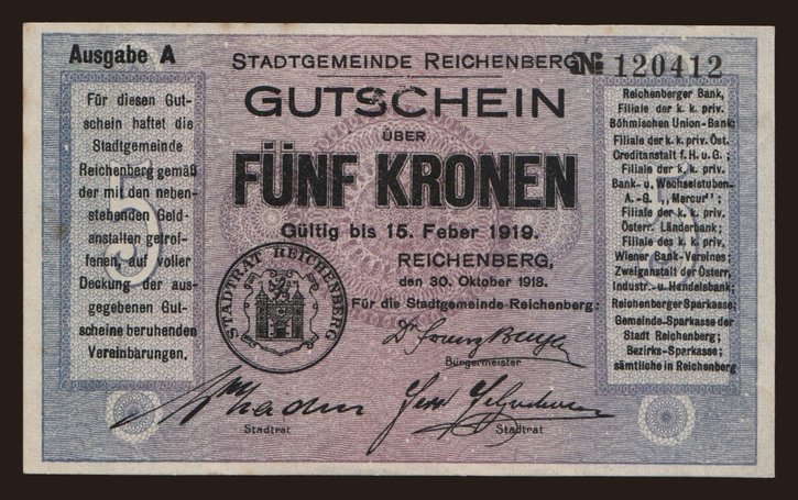 Reichenberg, 5 Kronen, 1918