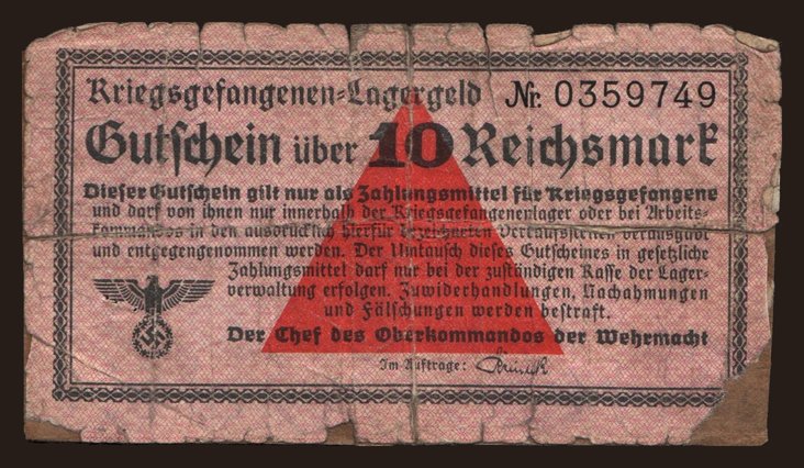Lagergeld, 10 Reichsmark, 1939