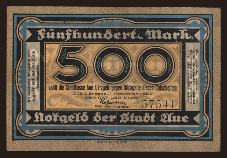 Aue/ Stadt, 500 Mark, 1922