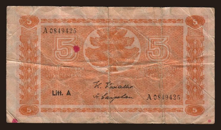 5 markkaa, 1945, Litt.A